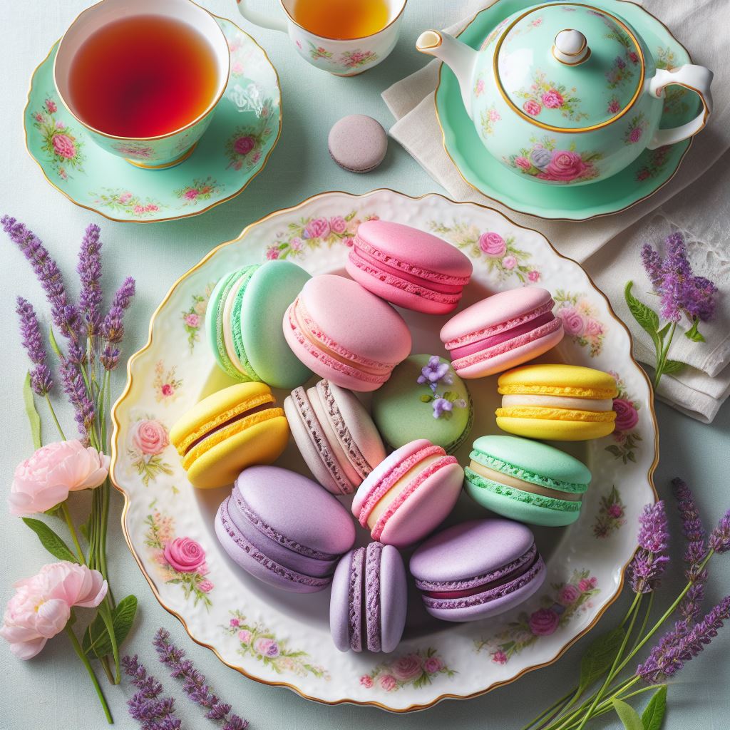 Multicolored French Macarons with a beautiful tea set and roses